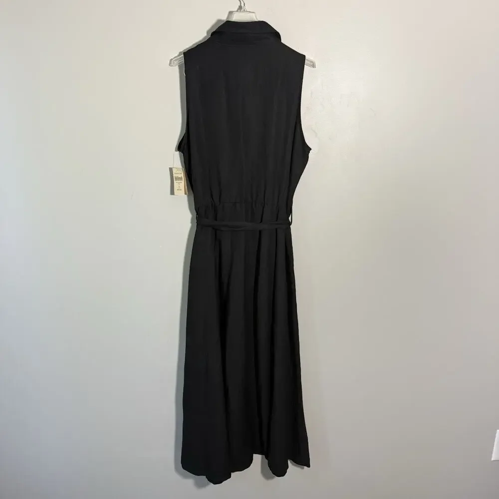 Coldwater Creek Black Linen Maxi Dress Button Front Collared Belt 14 A-line NEW - Picture 5 of 7
